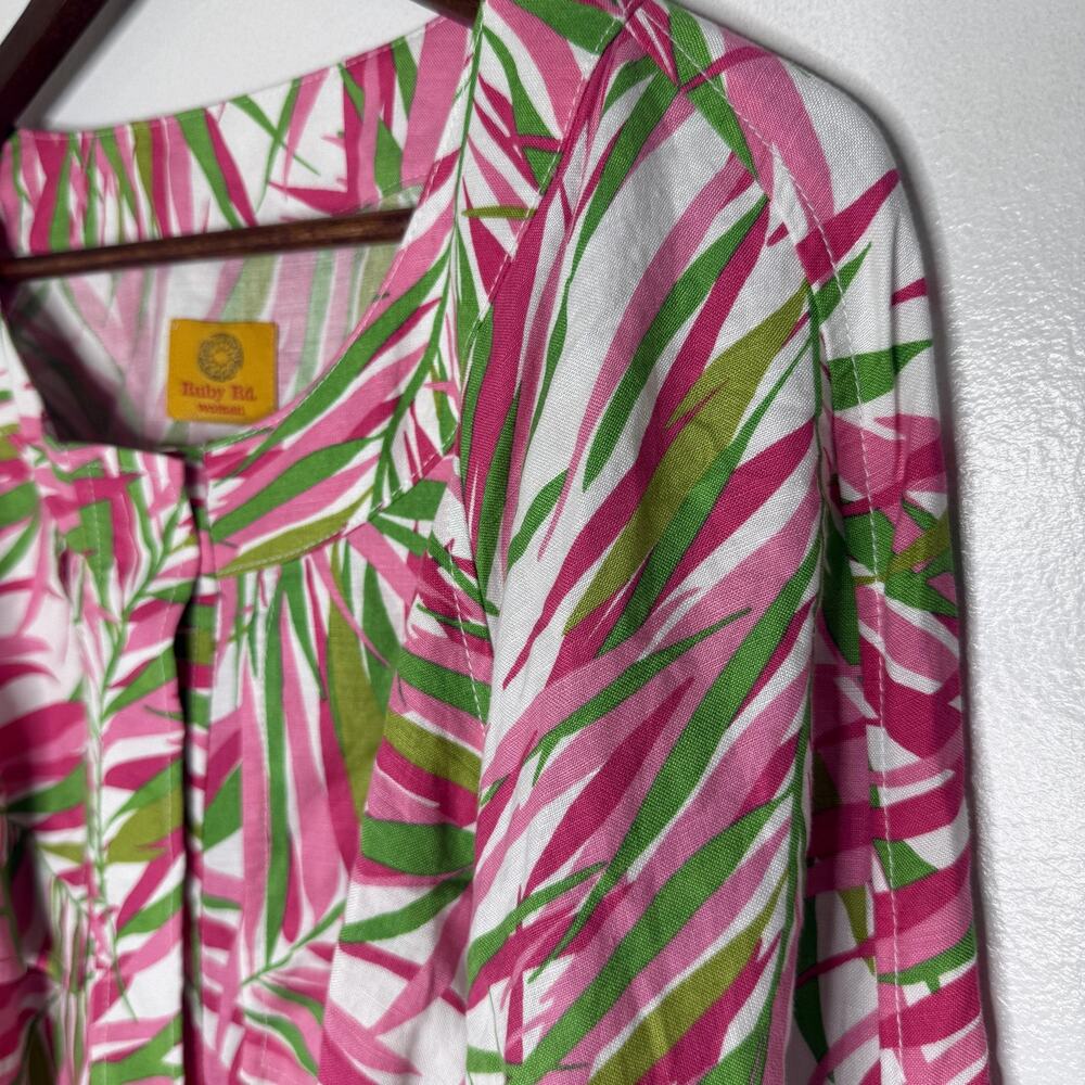 Ruby Rd Shirt Womens 22W Pink Green Palm Print Linen Blend Lightweight Jacket